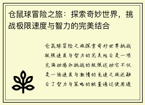 仓鼠球冒险之旅：探索奇妙世界，挑战极限速度与智力的完美结合